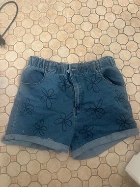 Blue Floral-Print Denim Shorts